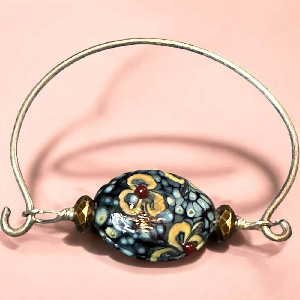 Vintage Handmade Silver Bracelet Single Gorgeous Millefiori Bead